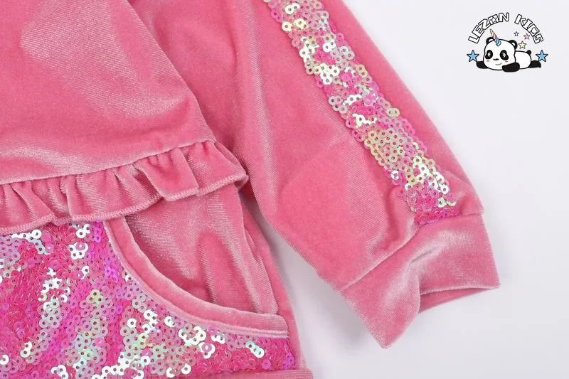 LEZONKIDS - Spring Autumn Pink Sequin Velvet Hoodie and Pants Two Pieces Girls Clothing Sets Casual